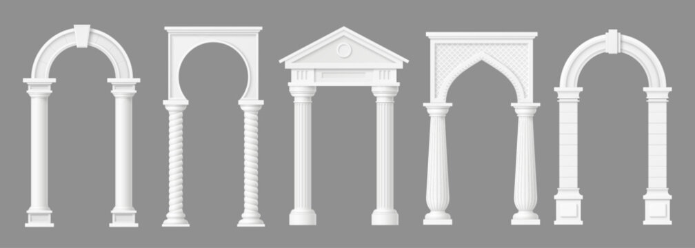 Realistic marble stone arch with columns, door archway with pillars. Monumental 3d vector building architecture. Classical antique temple gates or portal frames of historic facade, entrance or doorway