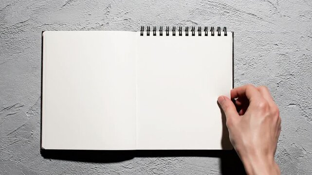 Hand turning blank notebook page.