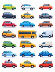 Fototapeta premium Diverse Collection of Cartoon Cars and Vehicles on White Background.