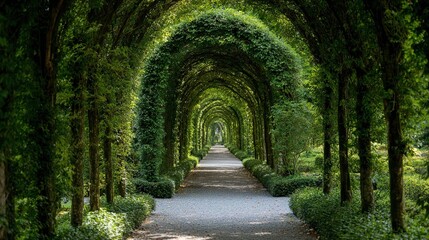 Obraz premium privet. Arching privet hedges forming a green tunnel entrance to a historic estate. gardening catalogs, home-decor guides, designed for home decor and floral branding, promotes healthy living.
