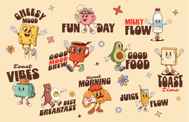Fototapeta premium Funky breakfast food and drink y2k groovy stickers with vector slogans. Cheesy mood, fun day, milky flow, toast vibes. Good mood brew, good food, sweet morning. Toast time, best breakfast, juice flow
