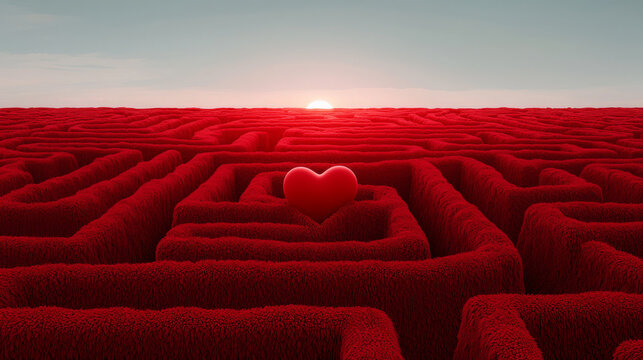 Red velvet hedge labyrinth maze heart love romance sunset challenge symbol evoke passion desire hope journey through complex pathway finding emotional connection within surreal garden landscape