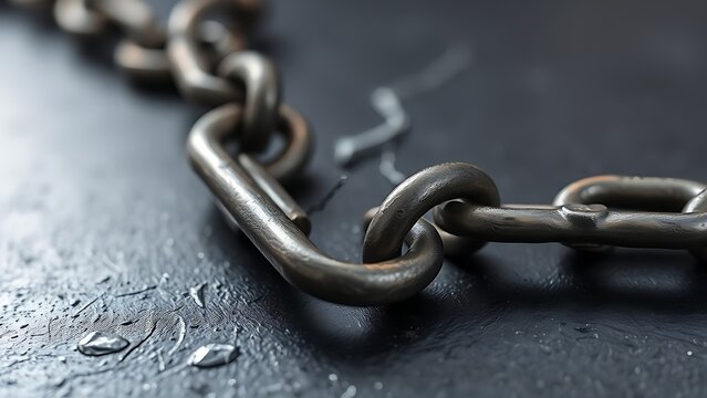 shackle. Broken iron chain links on a dark surface, symbolizing liberation and breaking free from constraints. public awareness campaigns.