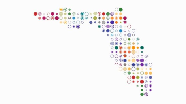 Florida animated shape. Pulsating colored dots on the map of the state. Large size circle blocks. Digital style Florida map on white background. Beautiful animation video.