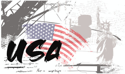 grunge statue of liberty, usa typography, flag brush strokes paint, scratches and lines. Abstract vector illustration. USA flag Brush strokes paint Isolated, grunge brush strokes ink paint.eps © Sukman