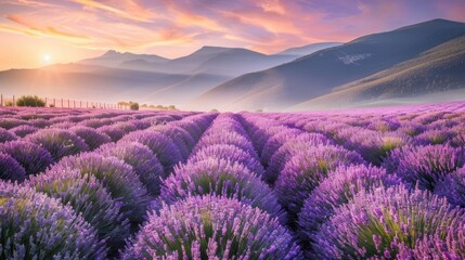 Lavender Field Blooming During Sunset in Mountain Landscape with Pink and Purple Flowers