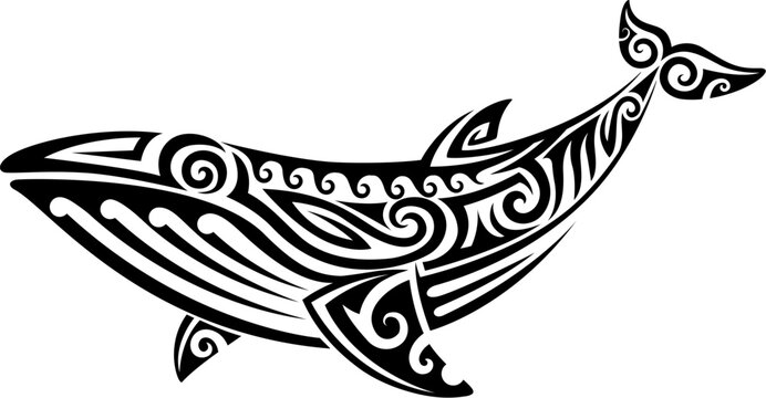 Maori whale animal tribal graphic tattoo or print. Polynesian tribe black symbol, Maori warrior abstract print. Samoan ethnic graphic tattoo