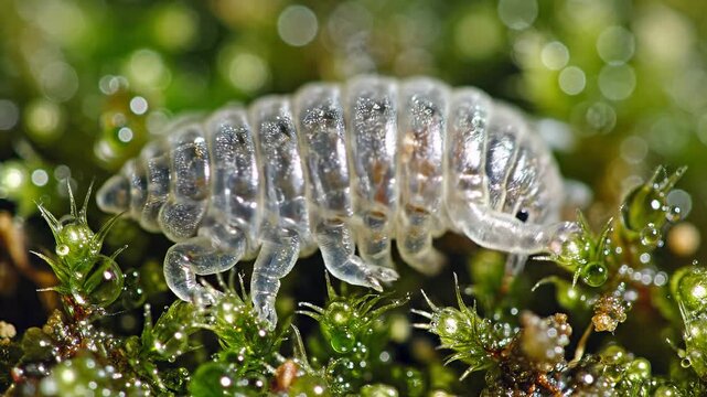 Closeup of a translucent isopod on moss in a dewy habitat.