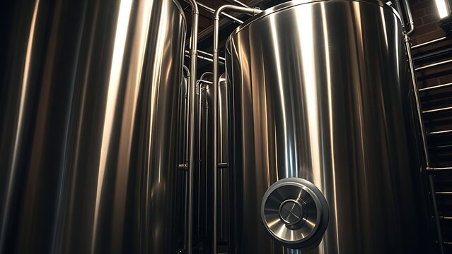 nepotism. A gleaming stainless steel fermenter with pipes in a dim cellar. bar promotions, beverage menus, packaging labels, designed for product packaging and bar promotions, used by photographers.