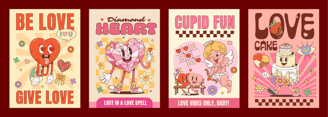 Fototapeta premium Love groovy hippie Valentine characters posters with funky heart and cupid angel, cartoon vector. Valentine day Y2K groovy funny heart in love, wedding cake with happy face and diamond heart character
