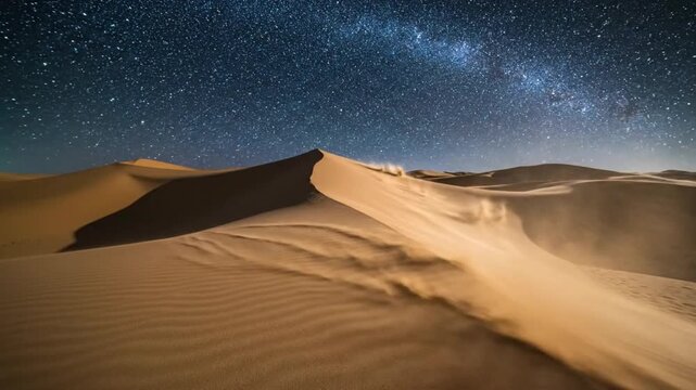 A serene desert landscape with vast sand dunes under a starry night sky and the Milky Way visible above the horizon