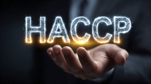 Businessman holding glowing HACCP text representing food safety and quality control standards 