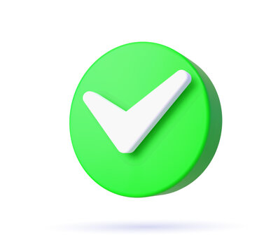 3d check list icon, checklist tick, done mark. Green circle with a white tick. Isolated vector plastic or plasticine checkmark, symbol of selection, confirmation or approval. Yes button for web app
