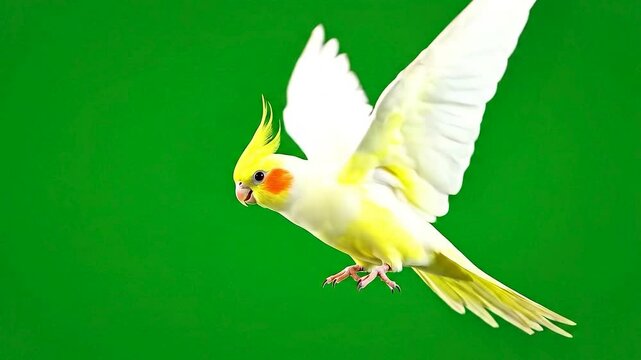 Cockatiel parrot flying in slow motion yellow white bird green screen chroma key.