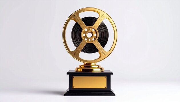 Golden Film Reel Trophy on White Background.