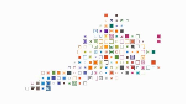 Virginia animated shape. Pulsating colored dots on the map of the state. Large size square blocks. Digital style Virginia map on white background. Awesome animation video.