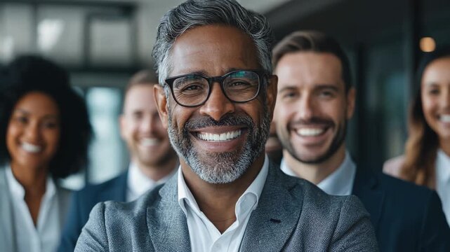Smiling group of professional men in business attire.