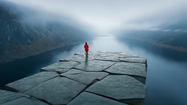 Man standing on rock overlooking ocean valley landscape during daylight creating powerful adventurous exploration atmosphere
