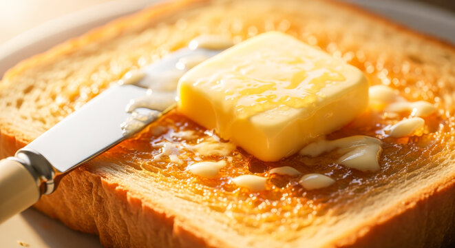 Closeup of melting butter on golden toast spread with jam, evoking a warm, delicious breakfast moment in natural morning light.
