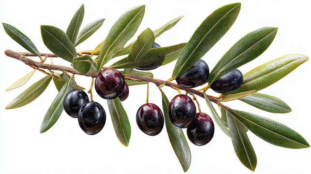 Close-up view of an olive branch with ripe olives. The olives are black and plump, and the leaves are a deep green