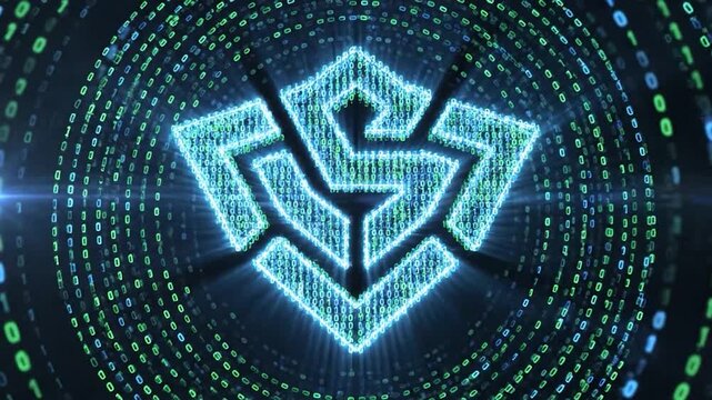 Abstract digital logo with binary code matrix tunnel. Neon blue and green colors. Futuristic feel