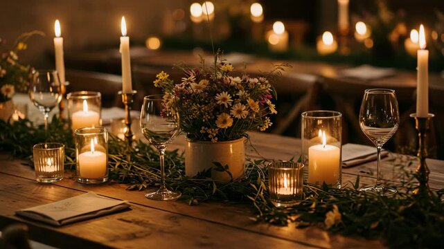 Rustic Wooden Table Decorated With Candles Flowers And Greenery
