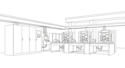 Obraz premium A detailed wireframe illustration of an industrial manufacturing facility with multiple workstations and control panels.