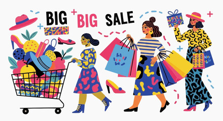 shopping bags with woman Shopping Sale Vector Illustration Woman Carrying Bags Modern Hand Drawn Big Discount Retail Poster