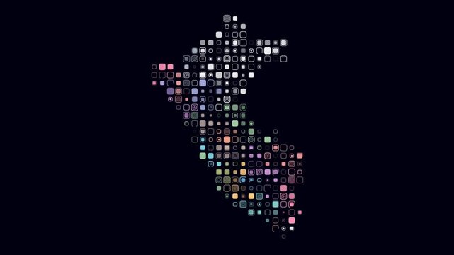 Peru animated country shape. Pulsating colored dots on the map of the country. Large size rounded square blocks. Digital style Peru map on dark background. Plain animation video.