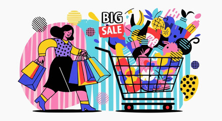 happy birthday party Shopping Sale Vector Illustration Woman Carrying Bags Modern Hand Drawn Big Discount Retail Poster