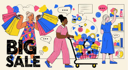 vector illustration of a happy birthday card Shopping Sale Vector Illustration Woman Carrying Bags Modern Hand Drawn Big Discount Retail Poster