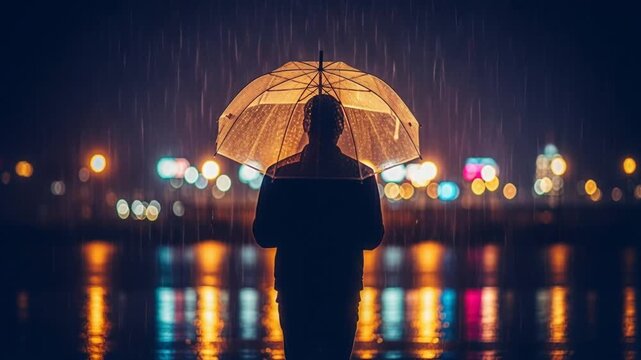 Person Holding Umbrella Standing in Rain at Night with City Lights