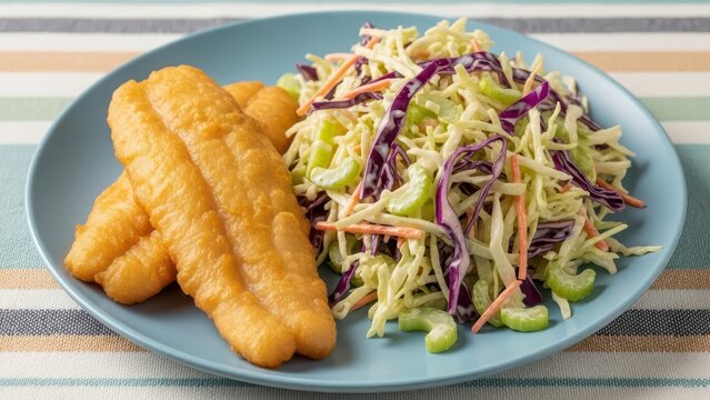 Golden fried fish fillets served with a fresh, colorful coleslaw salad on a blue plate, a classic and delicious meal.