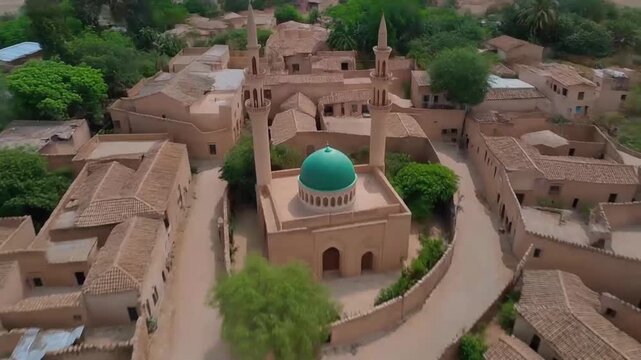 Aerial view of a historic village with mud brick buildings and a mosque featuring a green dome surrounded by streets and vegetation