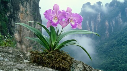 Cattleya schroederae orchid blooming on rocky cliff with mountainous landscape