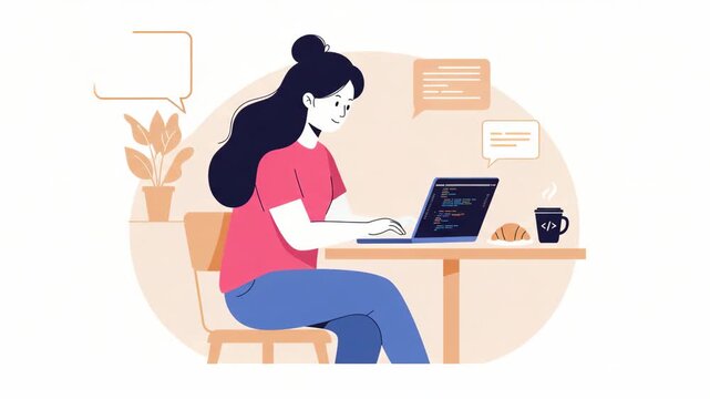 Young Woman Coding on Laptop at Table with Orange Background Light Pink Shirt and Blue Jeans with Plant and Coffee Cup Illustration