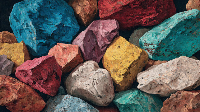 A collection of colorful stones in various hues and textures, with artistic lighting and composition. The stones are carefully arranged, showcasing their unique character