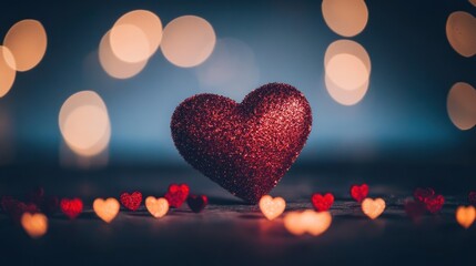 Glittering red heart surrounded by small hearts and bokeh lights