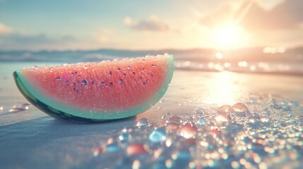 Juicy watermelon slice on a shimmering beach with gentle waves and a warm sunset glow