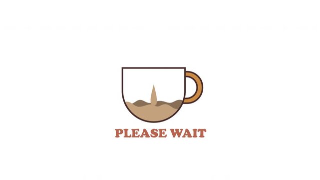 4K coffee mug loading animation with alpha channel. Single coffee drop filling liquid, clean flat design, &ldquo;please wait&rdquo; text, smooth loop motion graphic. Perfect for apps, UI loading, and branding