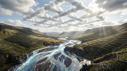 Futuristic nature landscapes with flowing data energy