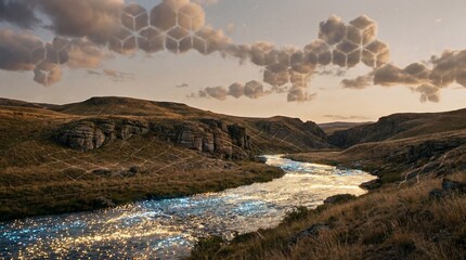 Futuristic nature landscapes with flowing data energy
