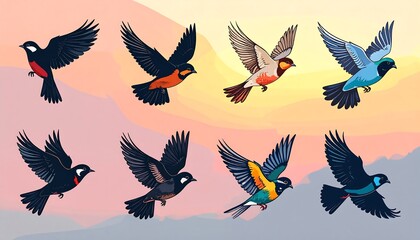 Obraz premium Collection of Diverse Birds in Flight Against a Softly Blurred Background.