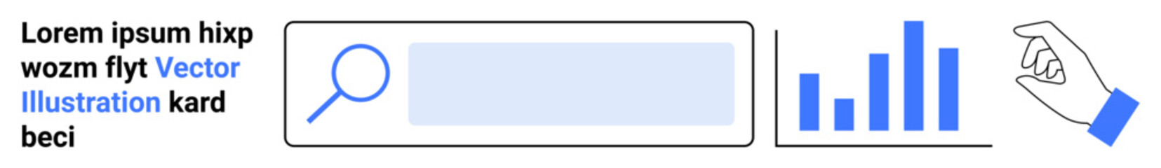 Data analysis, online search, statistics, digital marketing, research, and user interaction. A search bar, blue bar graph and hand gesture icon. Data analysis and online search