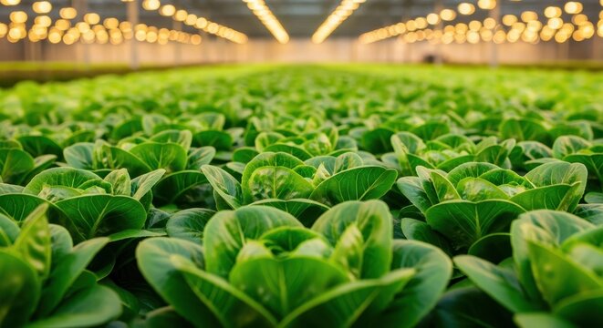 Rows of fresh lettuce plants growing under bright lights inside a large modern greenhouse