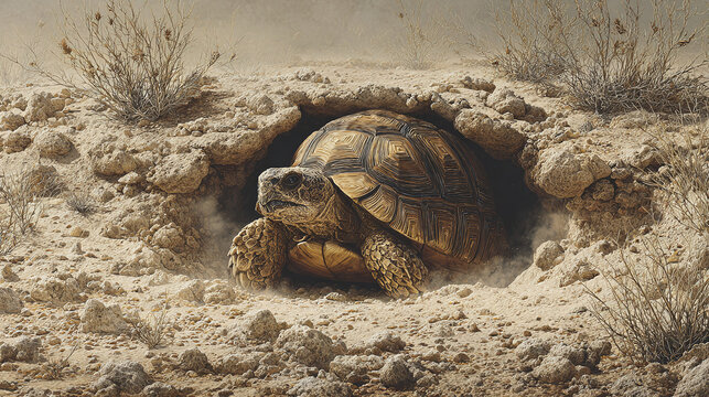 A tortoise emerging from its burrow in a desert landscape, observing the surroundings