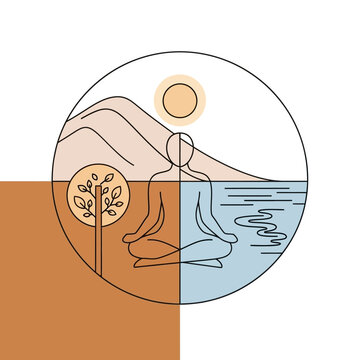 Meditating person in serene natural landscape illustration.