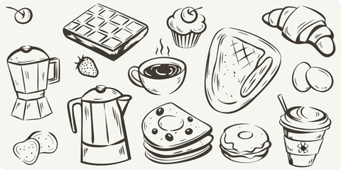 A charming sketch of various breakfast and dessert items arranged together