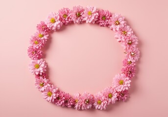 Naklejka premium Elegant pastel pink floral frame centered on a matching solid pink surface, ideal for feminine design concepts, design, garland, floral