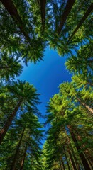 Obraz premium Majestic forest canopy viewed from below, showcasing towering evergreen trees against a vast, deep blue summer sky. A tranquil natural environment, environment, deep, upward